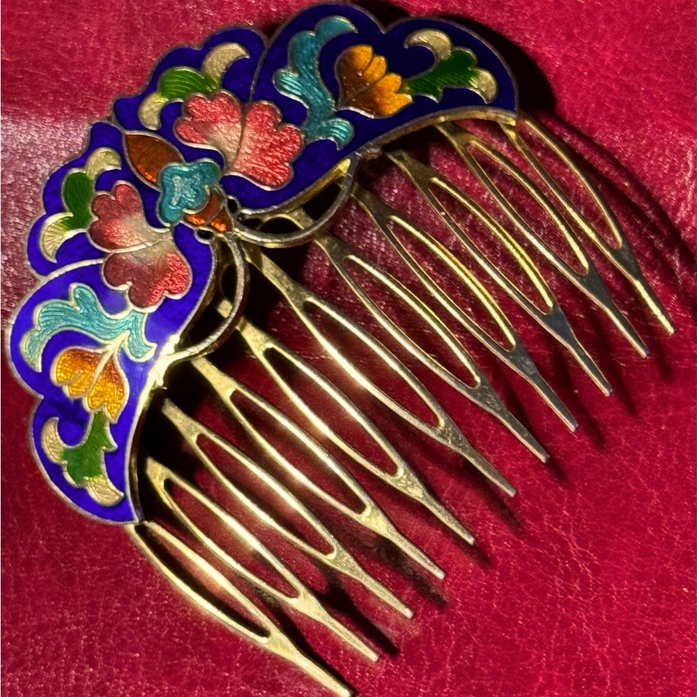 Vintage Cloisonné Gold Tone Hair Comb with a Floral Design